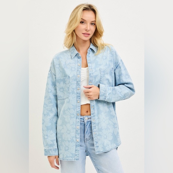 Risen Jeans Tops - Floral Print Denim Button Down Shirt - Risen